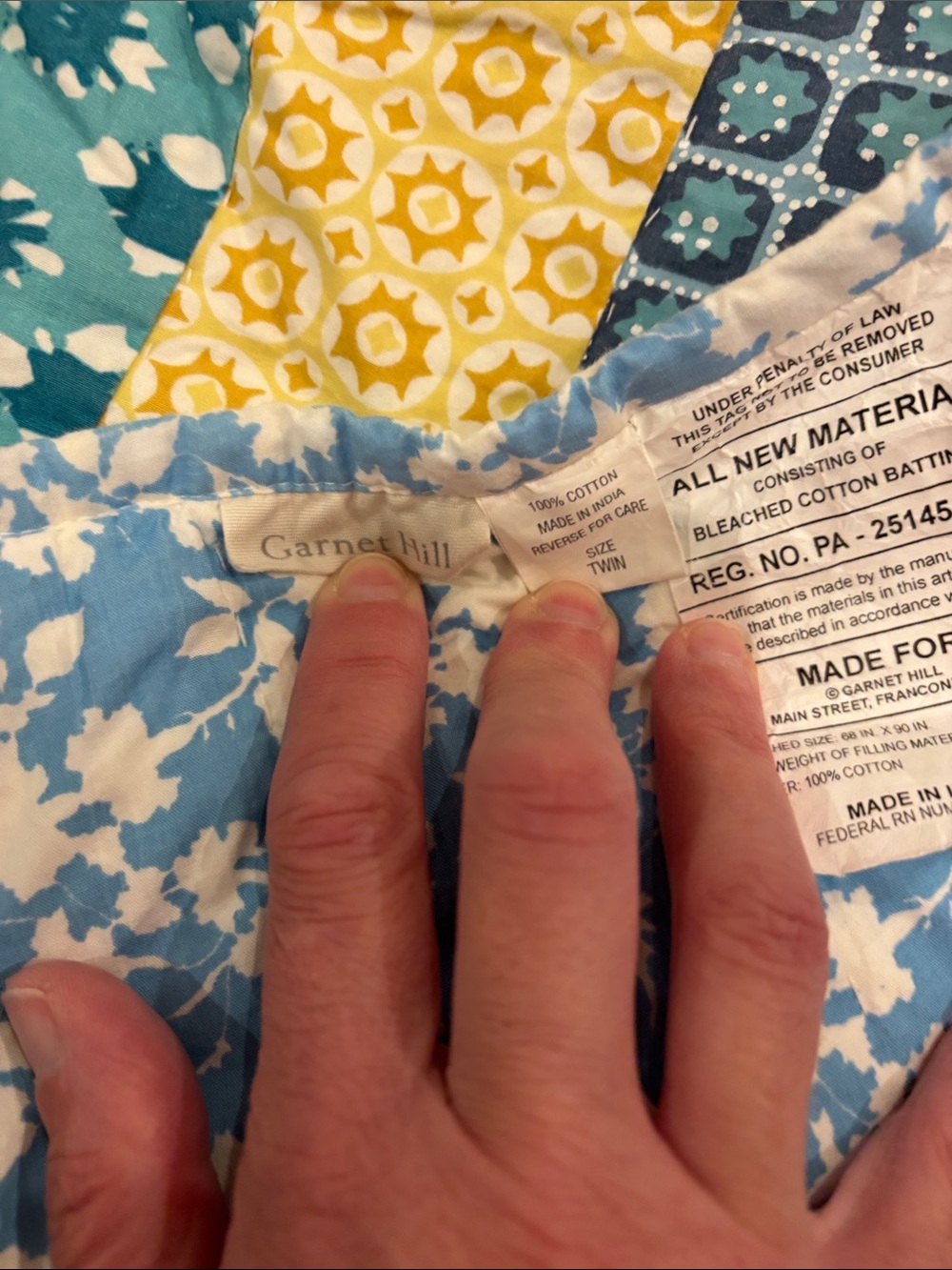 Garnet Hill Blue, Yellow & Teal Patchwork Cotton Quilt
